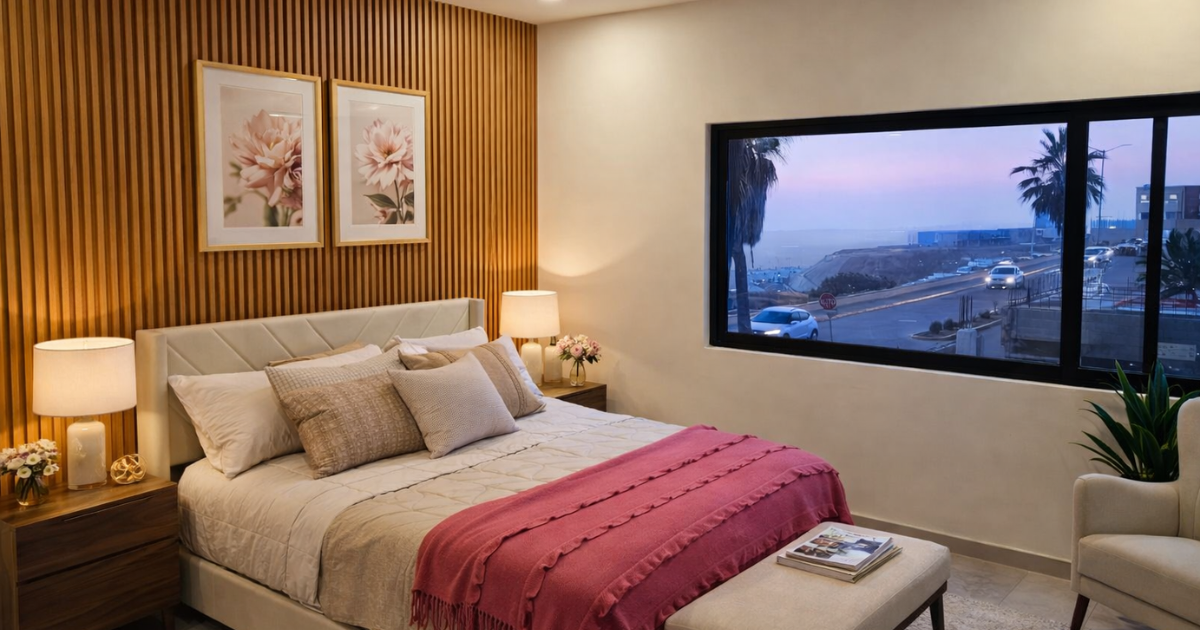 Acogedor dormitorio con pared de paneles de madera, gran ventanal con vista y cama con detalles en rosa para casas en Tijuana