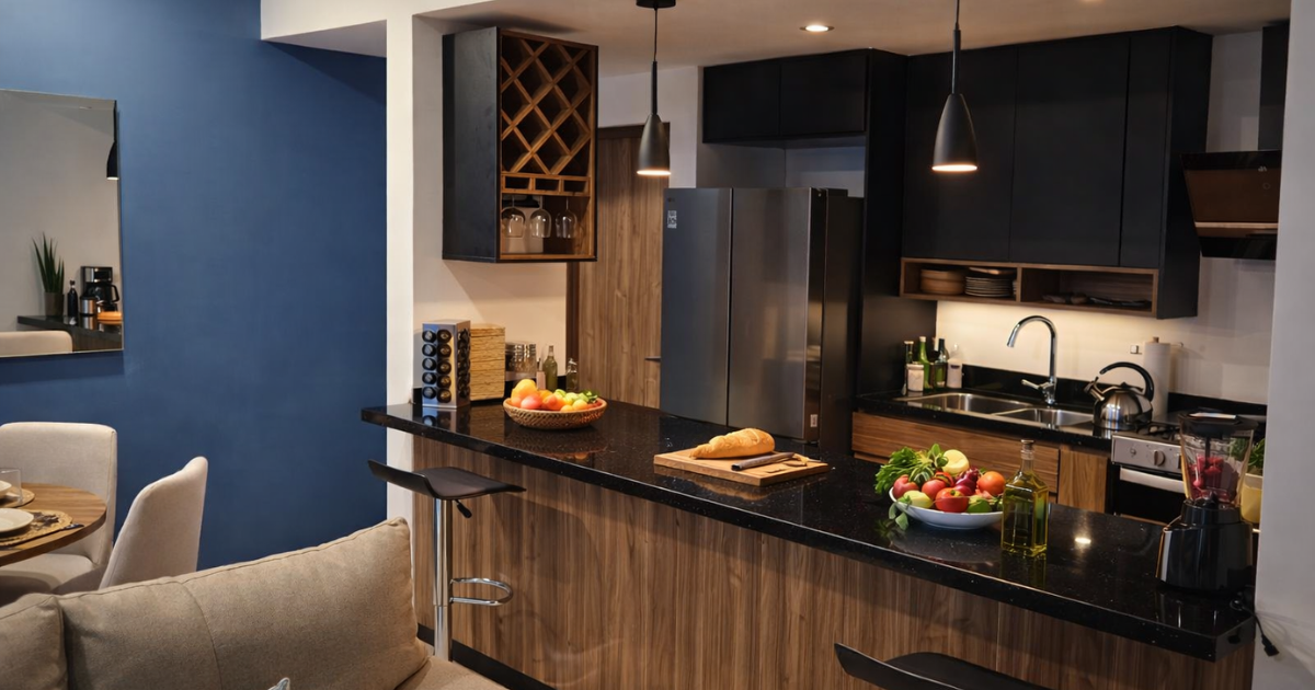 Cocina moderna con encimeras negras, gabinetes de madera y electrodomésticos de acero inoxidable.