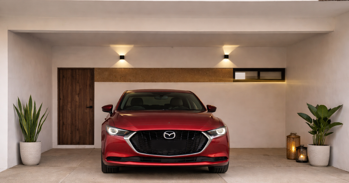 Automóvil Mazda rojo estacionado en un garaje con plantas, una puerta y apliques de pared para casas en Tijuana