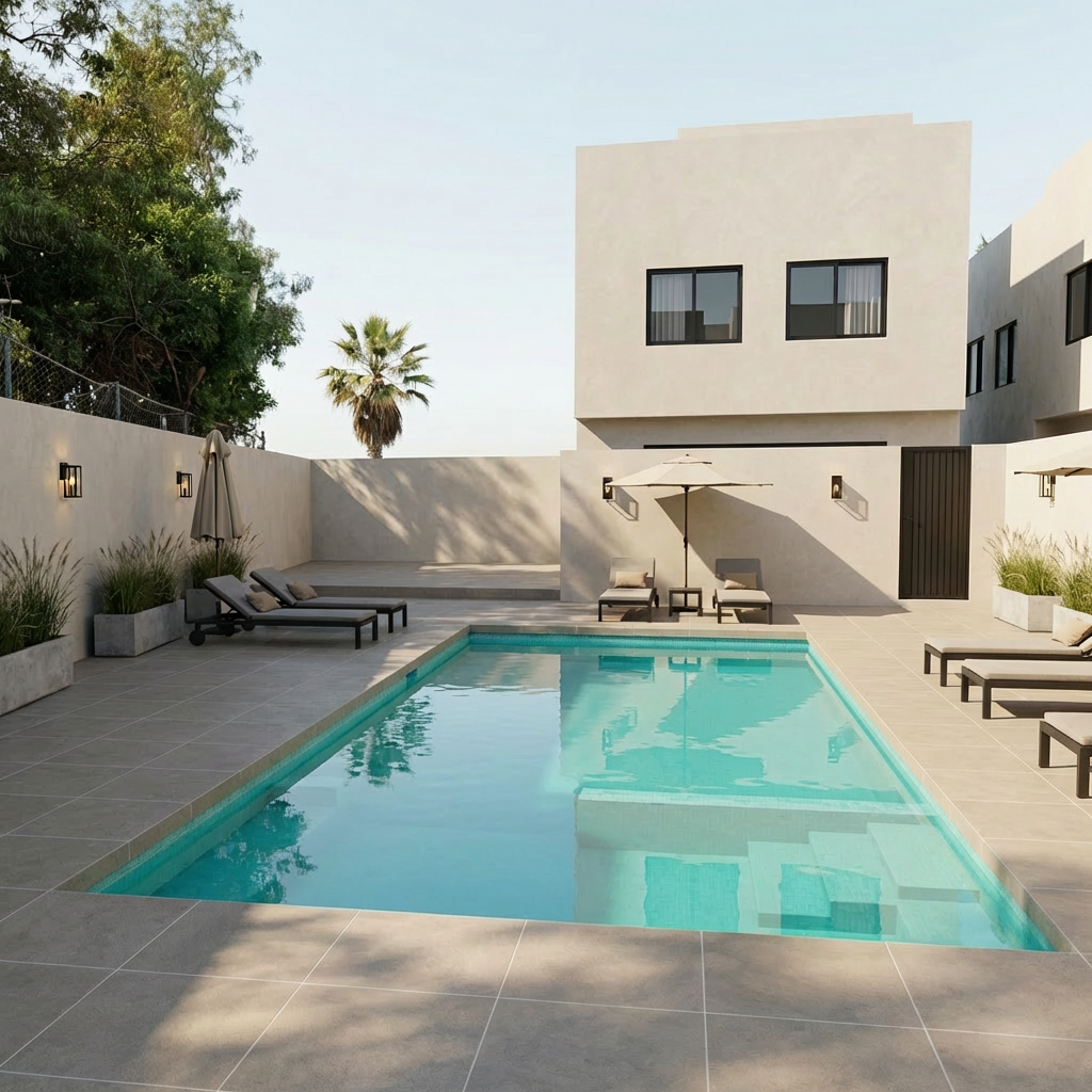Área de alberca con edificios de colores claros, camastros, alberca rectangular y palmera para casas en Tijuana