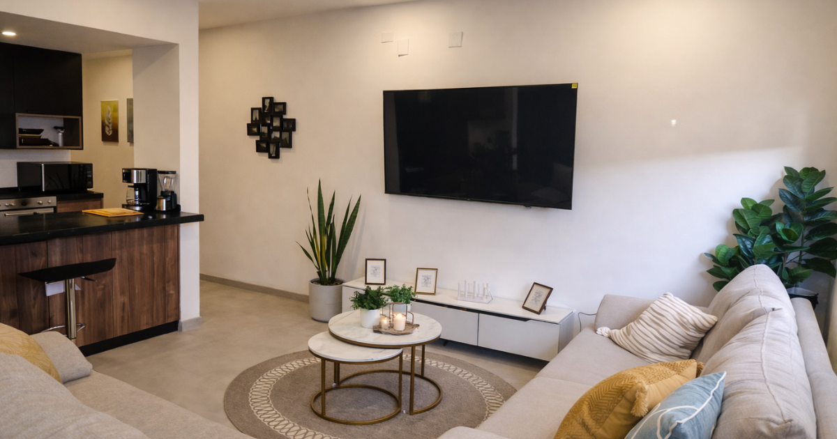 Sala de estar con sofá seccional, TV, mesa de café y cocina al fondo para casas en Tijuana