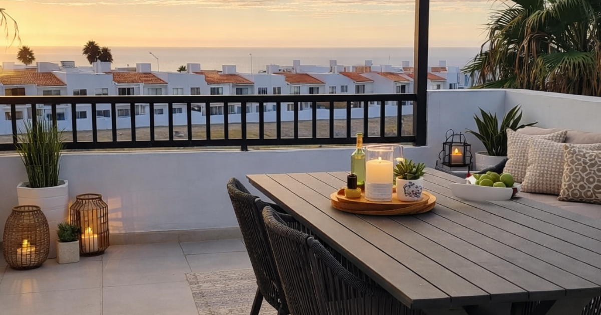 Patio en la azotea con vista al océano al atardecer para casas en Tijuana