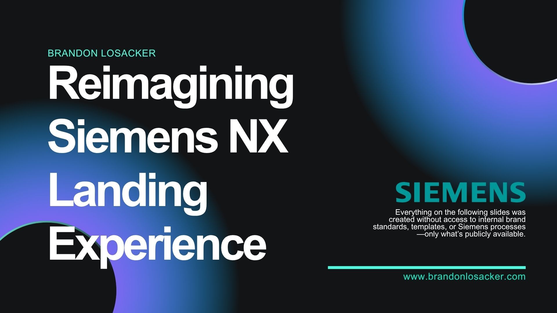 Siemens NX landing page. White text against a dark background. Blue and purple gradient circles.
