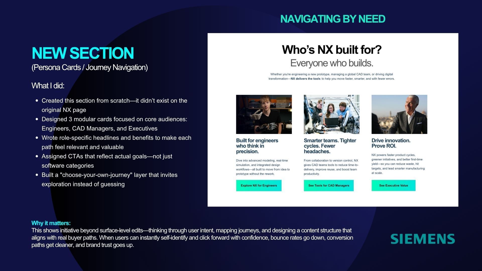 Slide with Siemens branding. New section details and