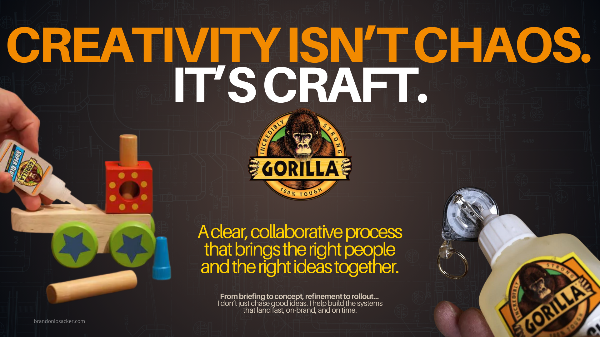 Gorilla Glue advertisement: Hands gluing wooden toy parts, text