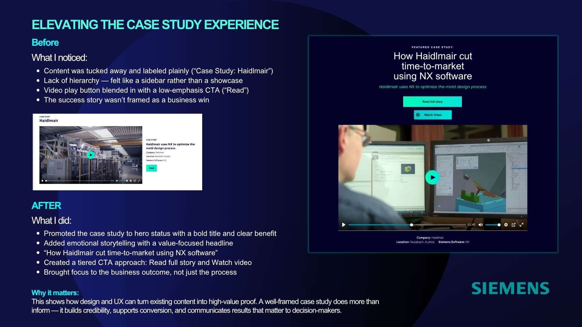 A slide showing the evolution of a case study experience, with before and after sections, demonstrating software usage.