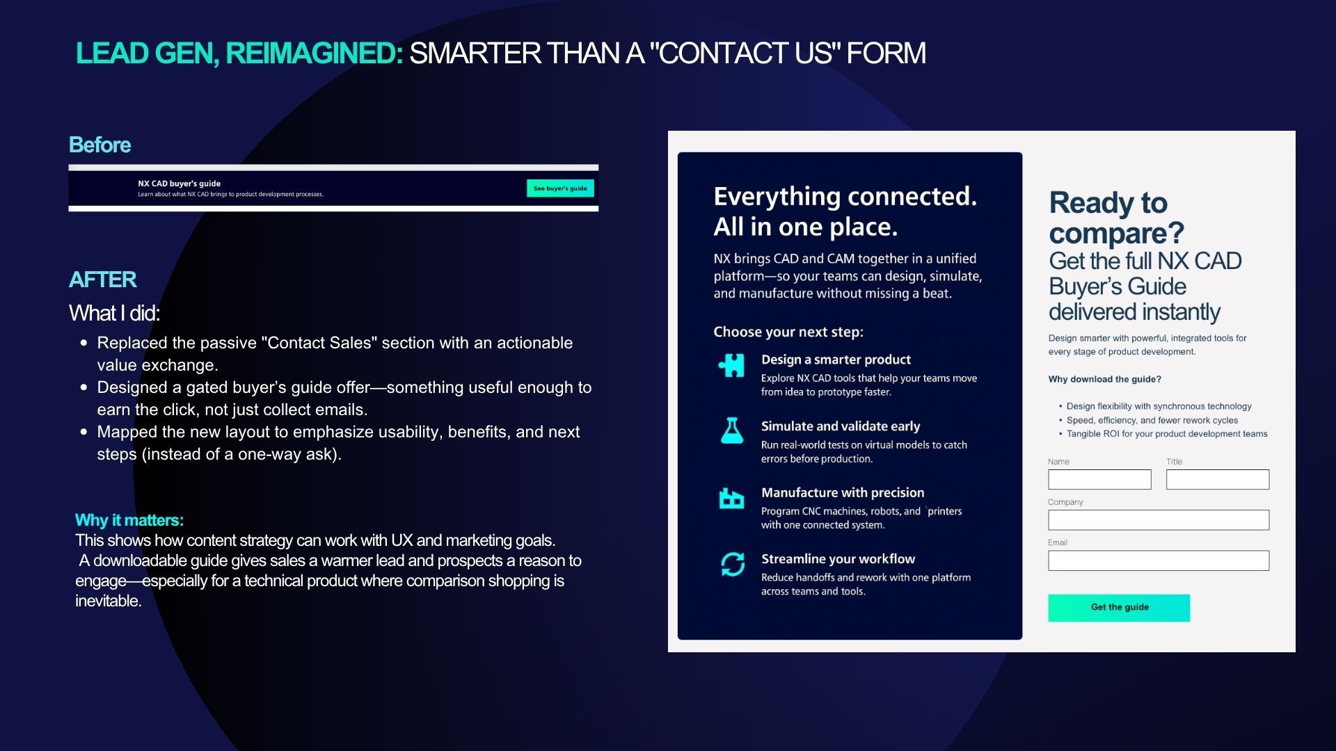 Infographic showing lead generation with before and after examples, and a contact form.