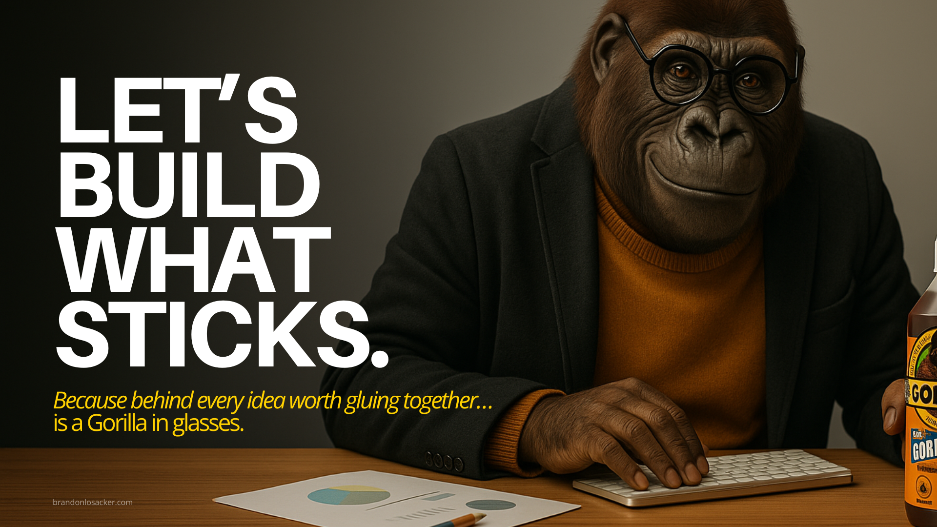 A gorilla is sitting at a desk typing on a keyboard.