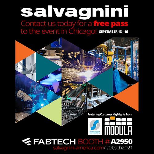 Advertisement for Salvagnini at FABTECH in Chicago. Geometric design with photos of welding. Offers free pass.