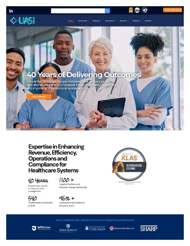 A group of doctors and nurses are standing next to each other on a website.