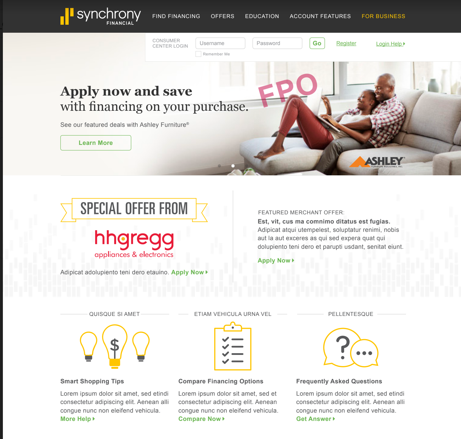 A website promoting financing options. Includes an Ashley furniture ad and an offer from hhgregg.