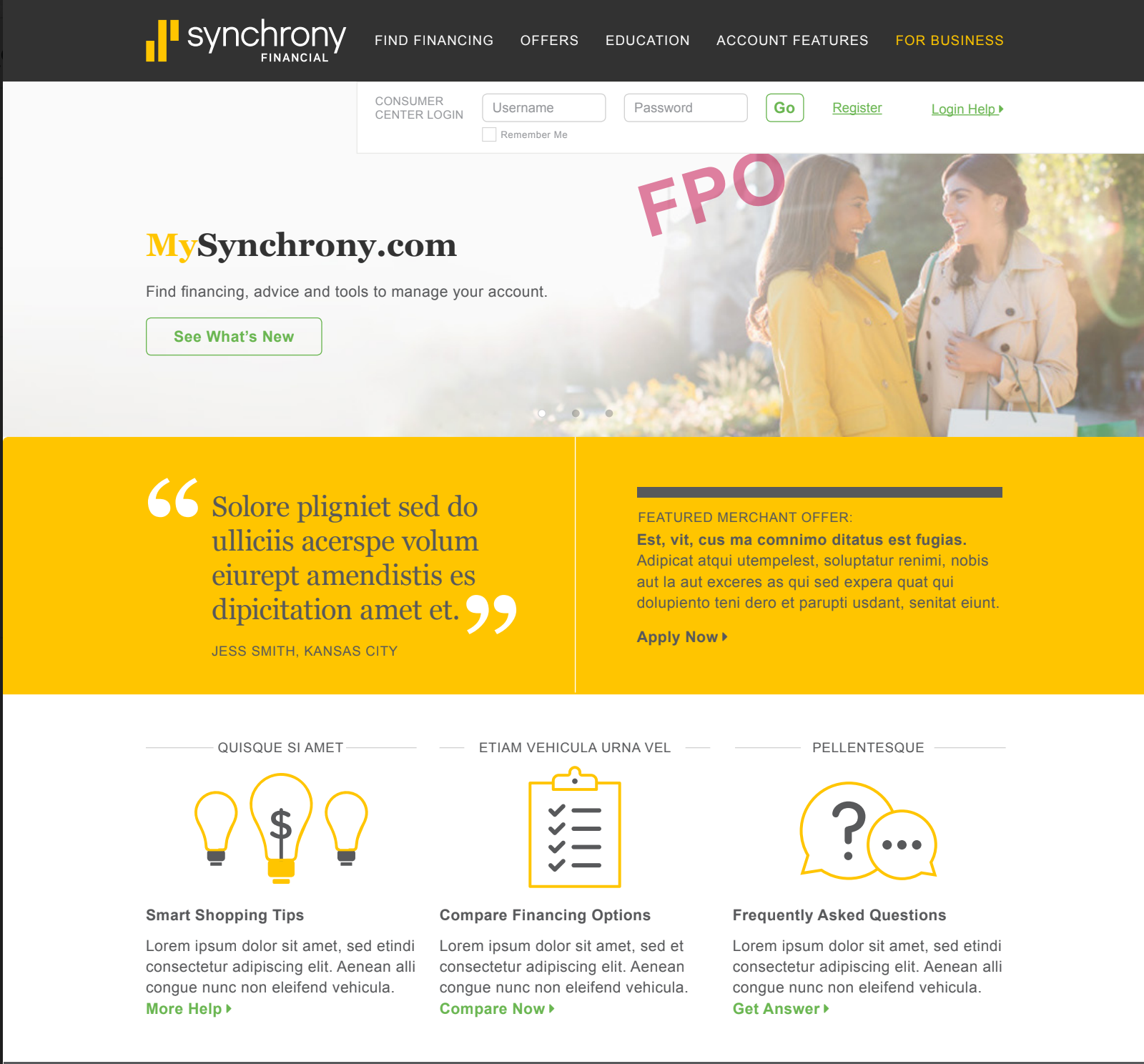 Website homepage for MySynchrony.com, with yellow accents, a photo of two women, and navigation links.
