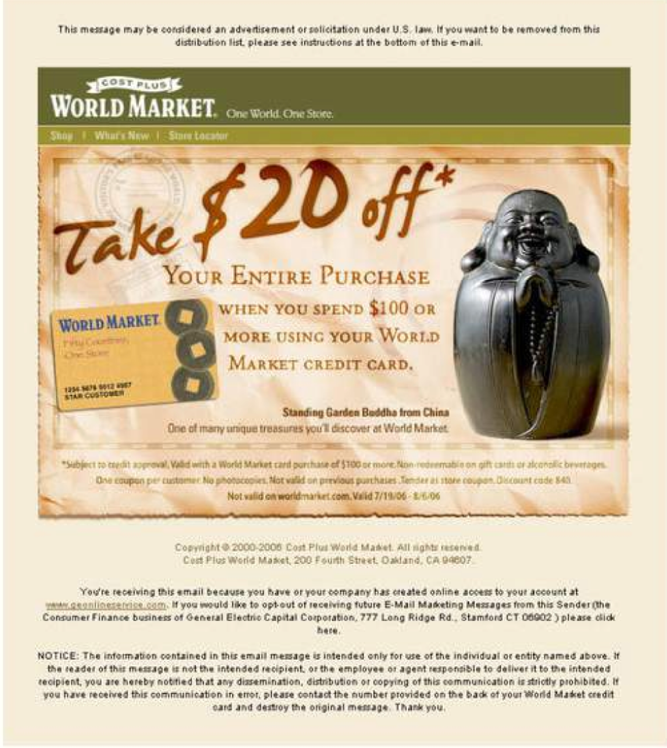 World Market promotion: Take $20 off when spending $100+ with a World Market credit card. Includes Buddha statue.