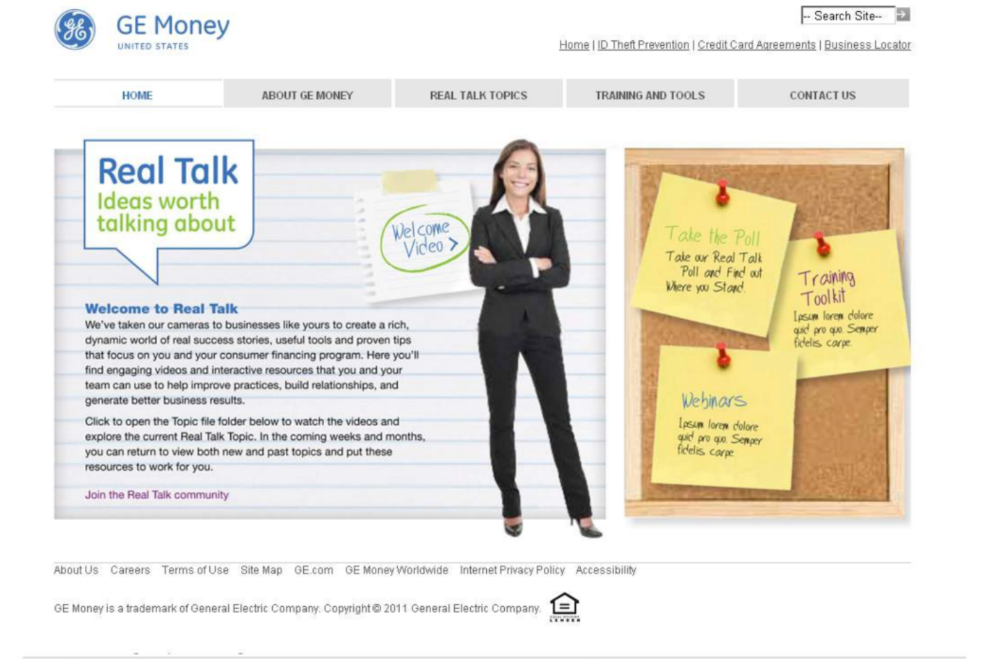 GE Money website homepage with woman in suit, speech bubble, and sticky notes.