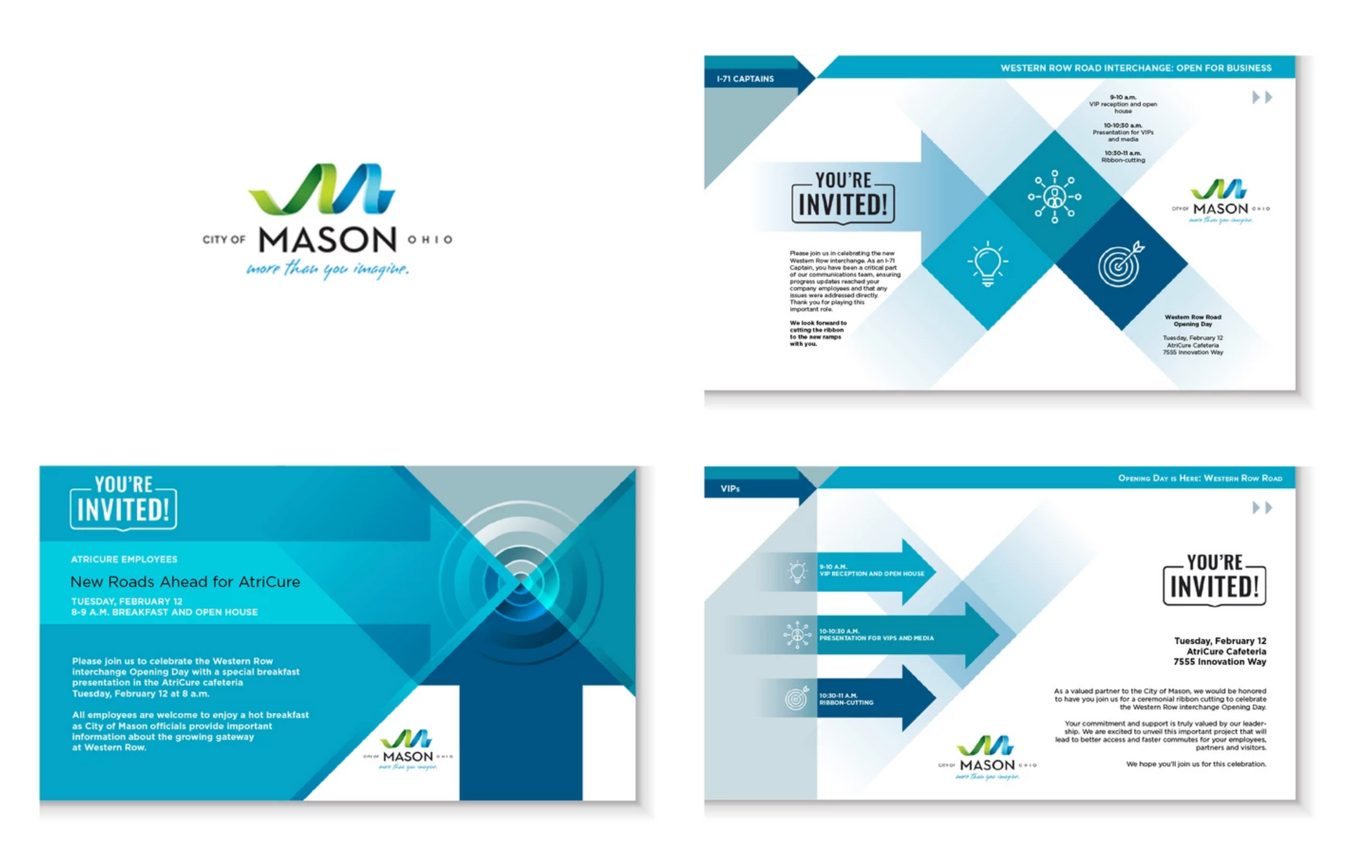 Brand design for Mason Institute, featuring a logo and brochure layouts with blue and green accents.