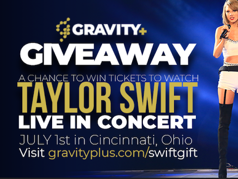 Advertisement for a Taylor Swift concert giveaway. Text and singer photo. Concert July 1 in Cincinnati, OH. Visit gravityplus.com/swiftgift.