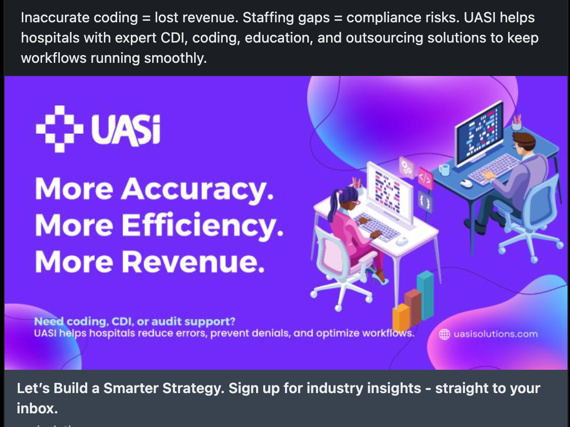 UASI ad: Hospitals with expert CDI, coding, and education solutions. Purple background with two people working on computers.
