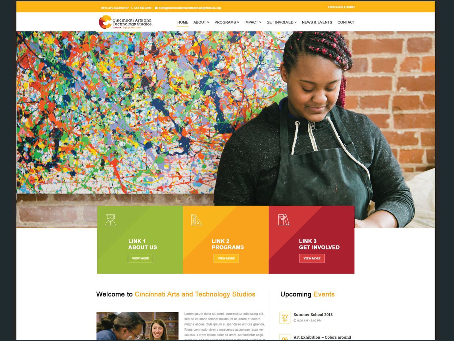 A woman is sitting in front of a colorful painting on a website.