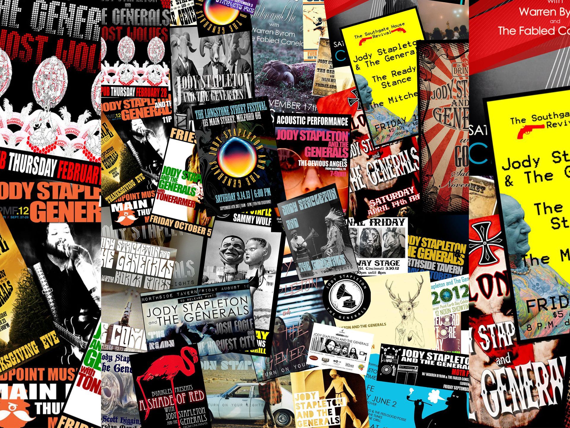 A collage of various concert posters, featuring bands like Jody Staple, with a mix of colors and styles.