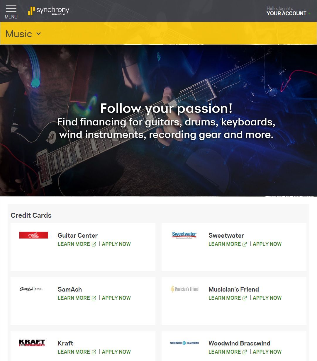 Website promoting music instrument financing, with a guitar in background.