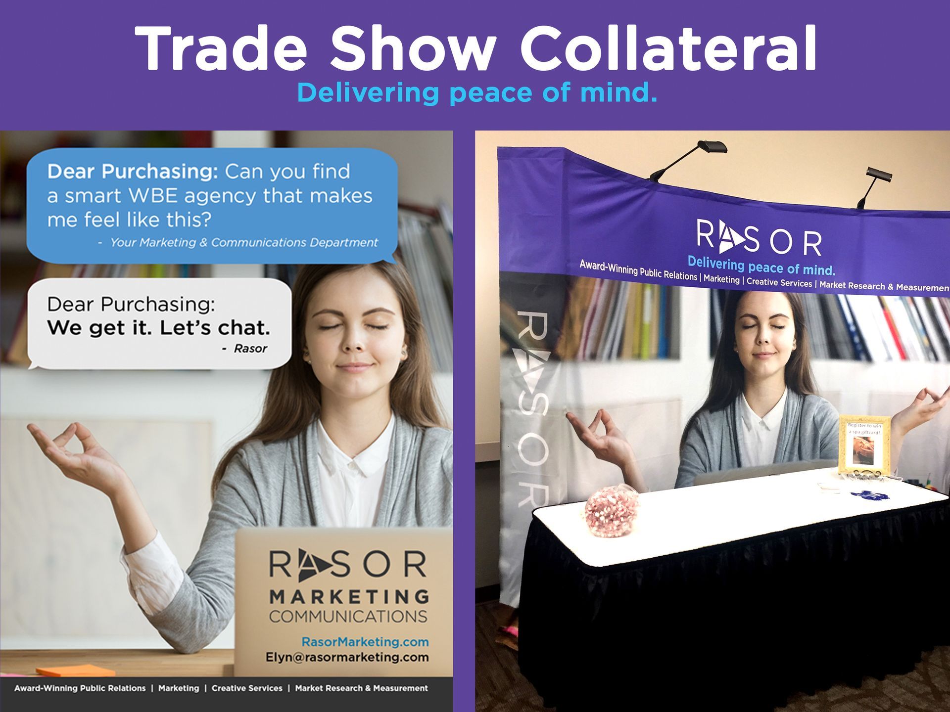 Two-panel trade show collateral: woman meditating with the RSOR logo and text about peace of mind.