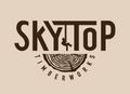 Sky Top Timberworks logo: Brown text over a beige background. Shows tree rings, a tree worker, and the name.