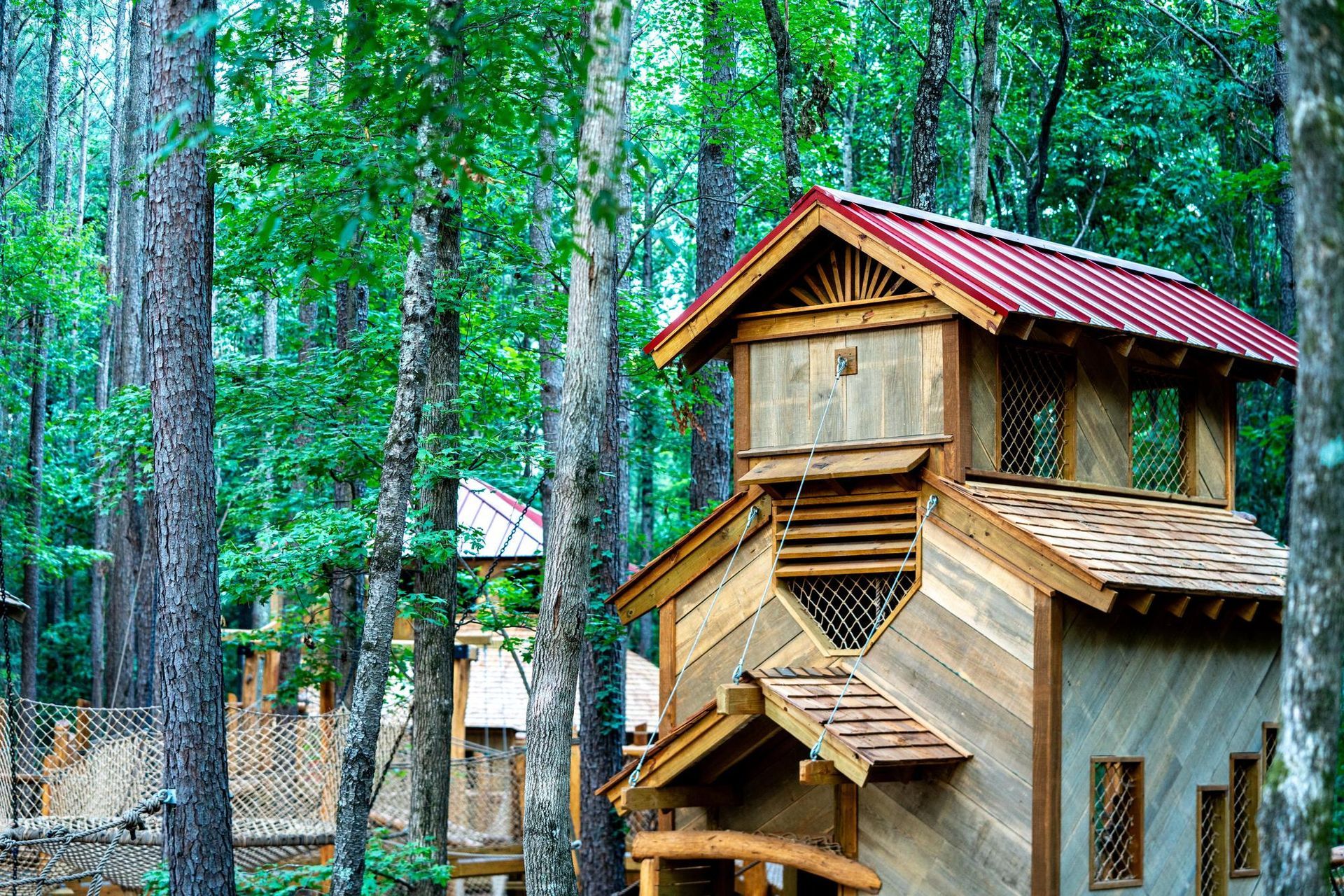 Wooden treehouse with red roof nestled in a green forest.