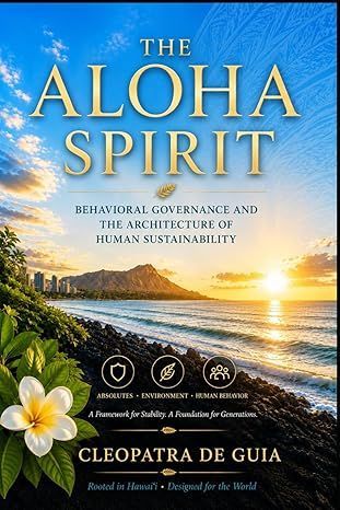 Book cover for “The Aloha Spirit” with ocean sunset, plumeria flowers, and blue sky