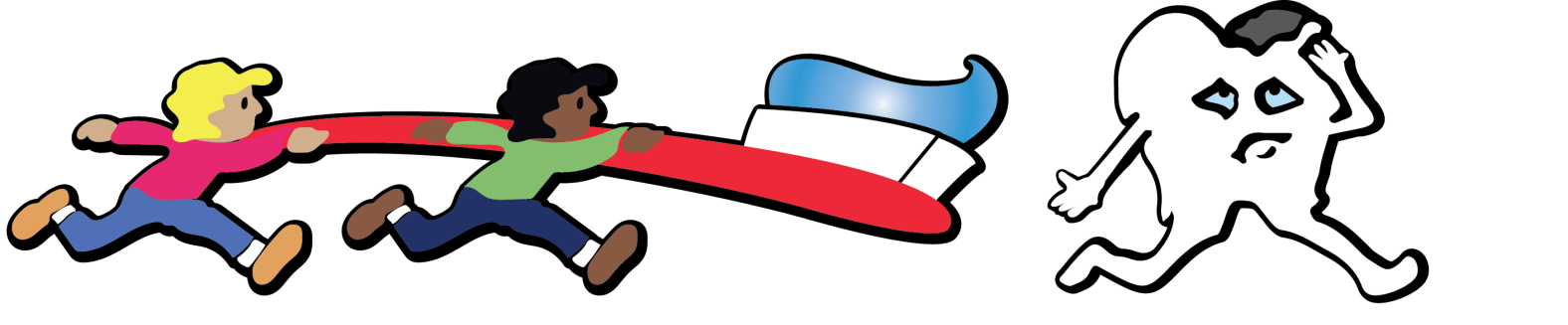 A cartoon of two children running with a flag and a tooth.