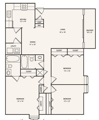 Floor plan of a 3-bedroom apartment with kitchen, living, dining, balcony, and utility closet.