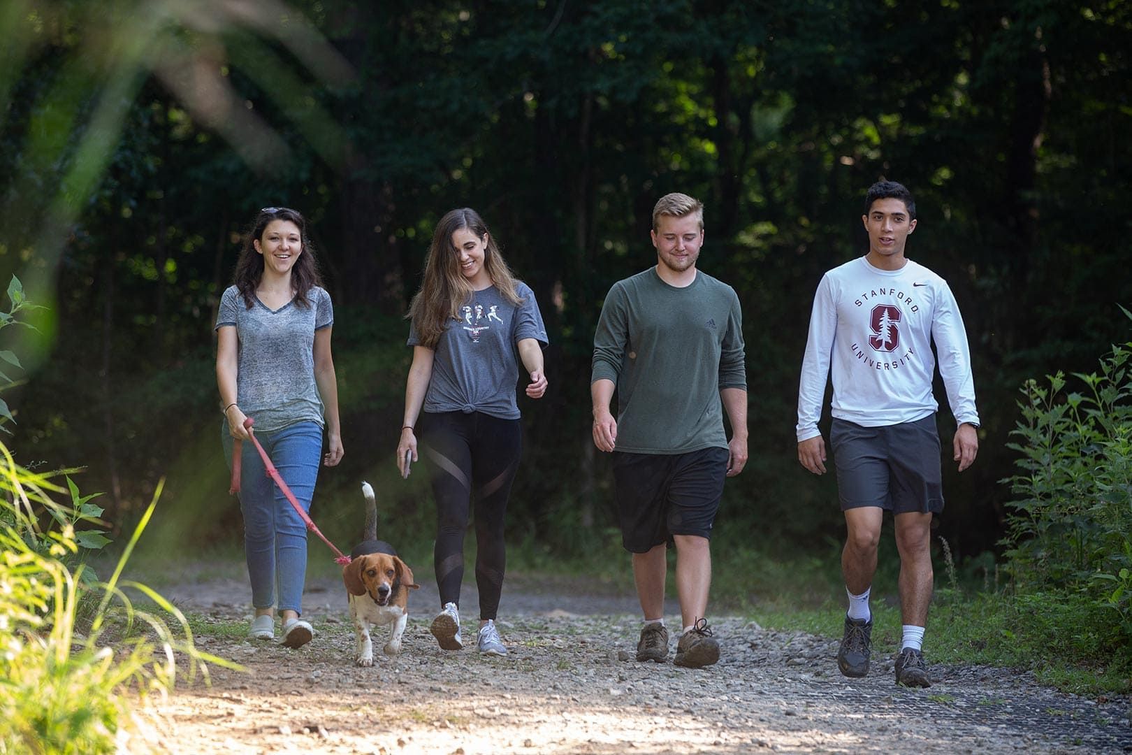 A group of people are walking a dog on a leash.