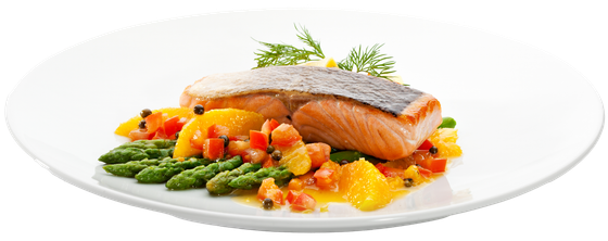 Salmon Steak with Fruits, Vegetables, Asparagus and Lemon.