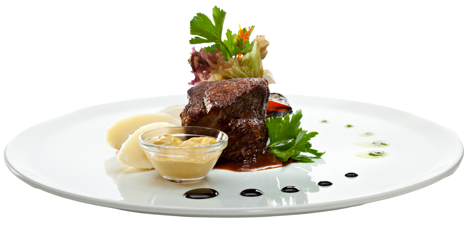 Beef Steak with Fresh Salad Leaf, Mashed Potato and Pesto Sauce