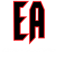A graphic featuring the capital letters "EA" in bold, black block font with a thin red outline on a white background.