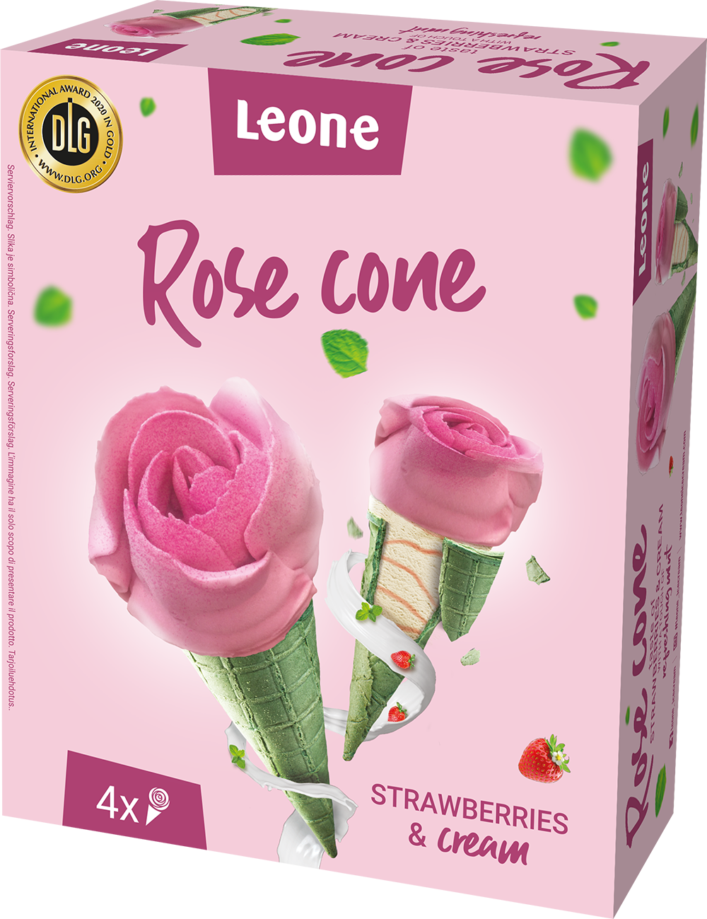 Škatlica kornetov Leone Rose z jagodami in smetano