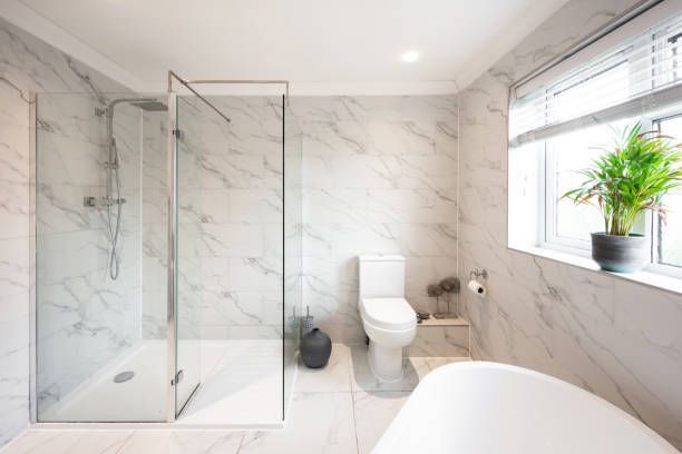 Modern bathroom with marble walls, glass shower, toilet, and a window with a plant.