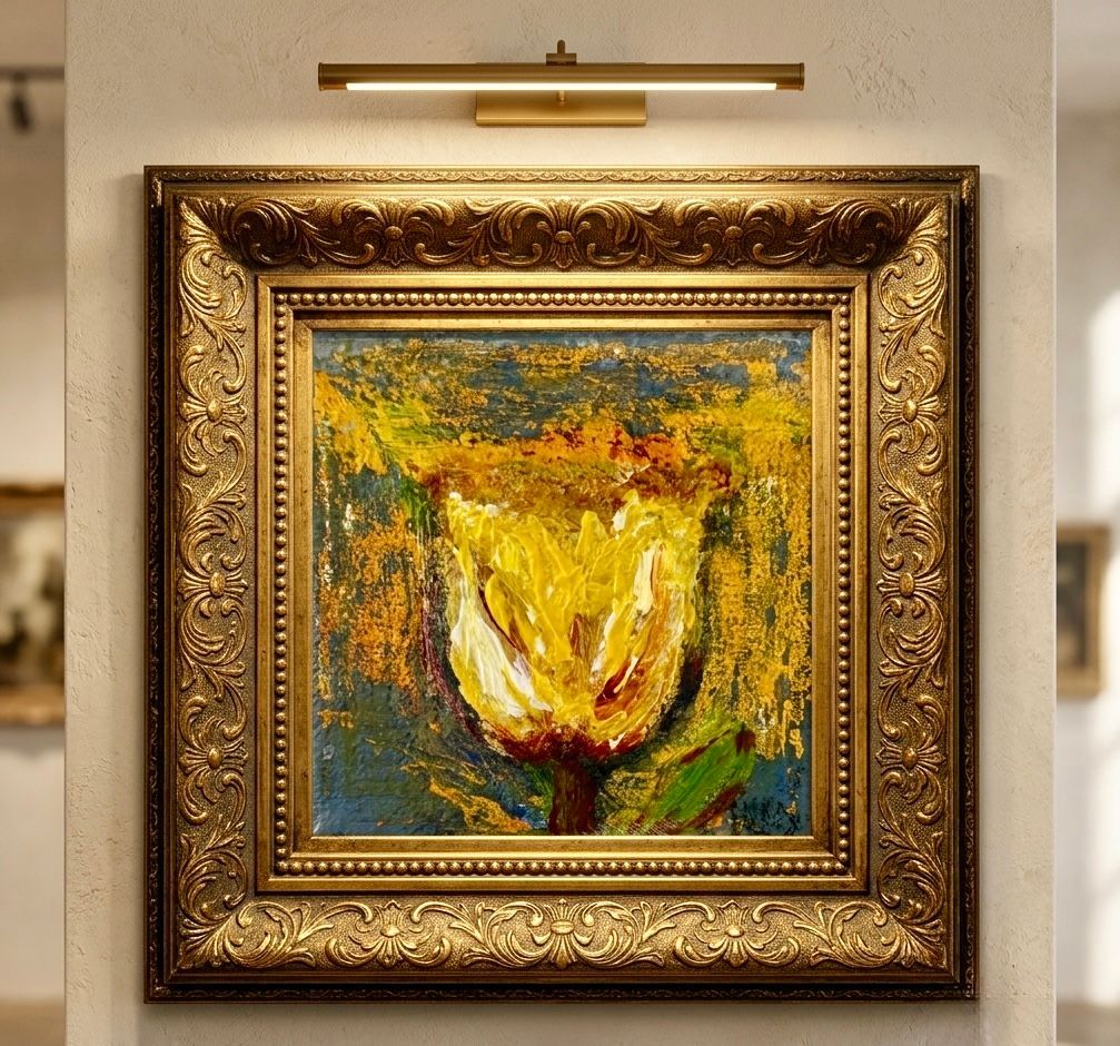 Ingelijst abstract schilderij van een gele tulp aan een beige muur, verlicht door een messing schilderijlamp.