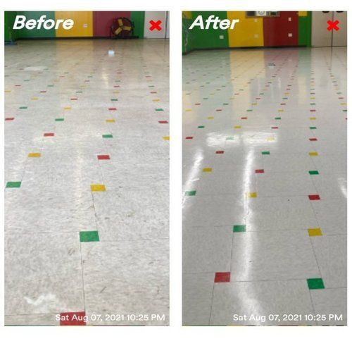 A before and after photo of a tiled floor