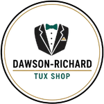 Logo for Dawson-Richard Tux Shop featuring a black tuxedo jacket with a green bowtie and gold pocket square.