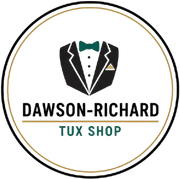 Logo for Dawson-Richard Tux Shop featuring a black tuxedo jacket with a green bowtie and gold pocket square.