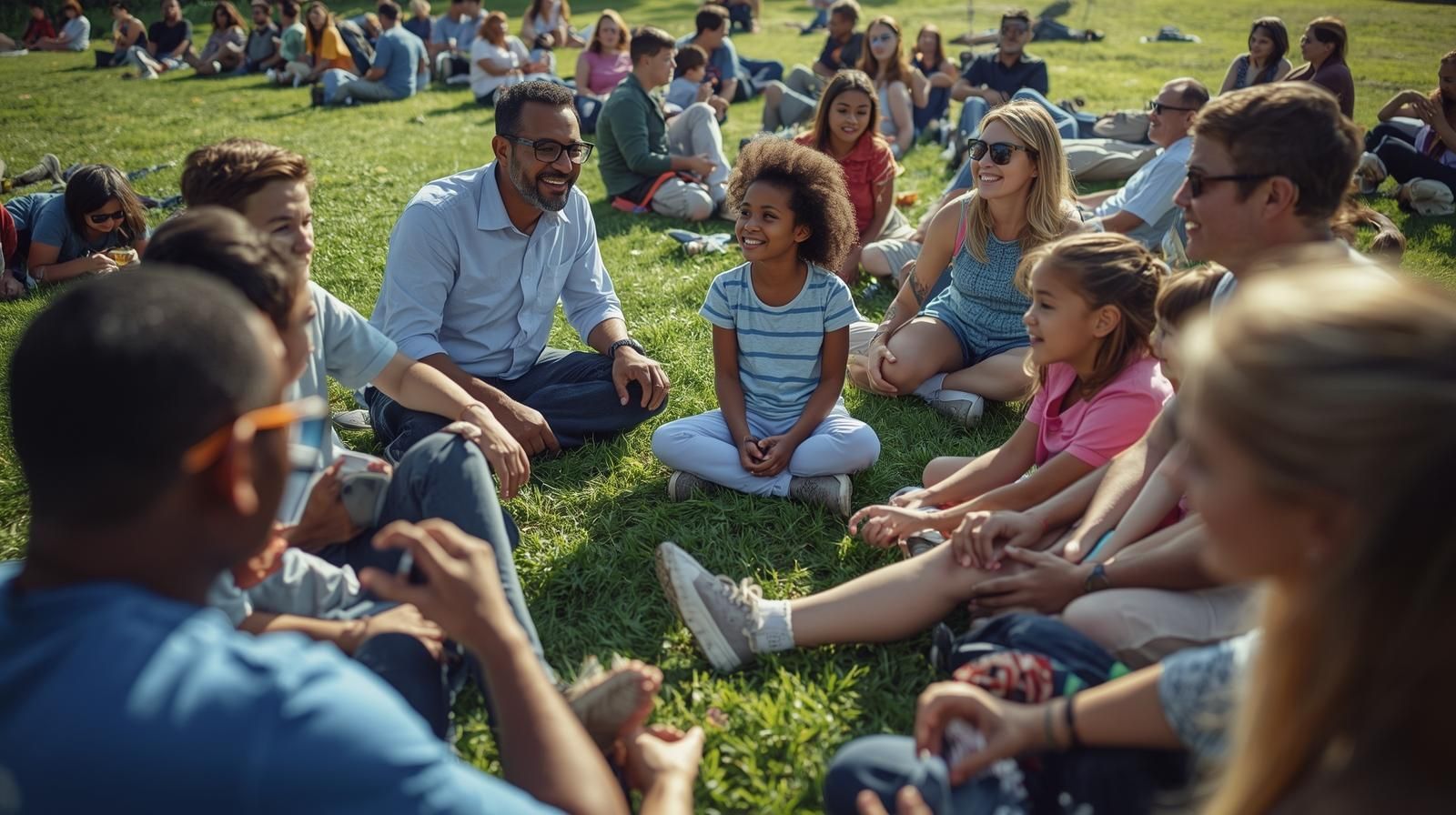 Grupo de pessoas diversas sentadas em círculo na grama, conversando e sorrindo sob o sol.