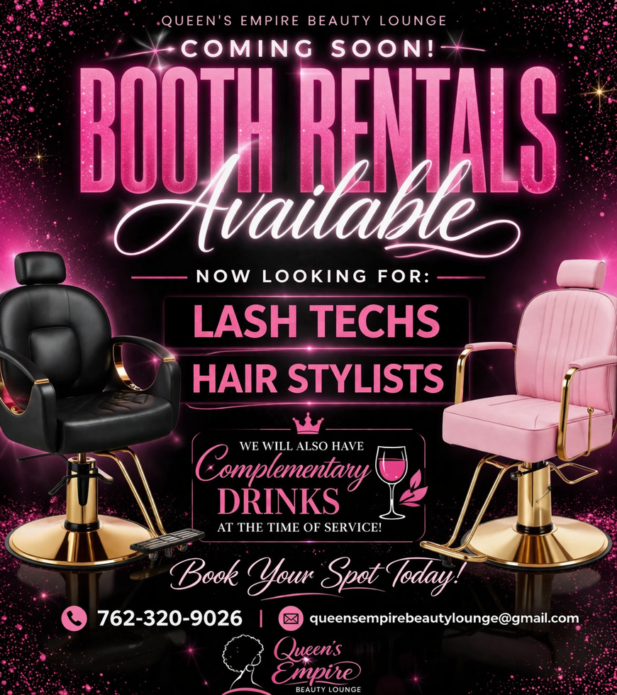 Pink flyer advertising booth rentals, lash techs, and hair stylists; includes salon chairs and contact info.