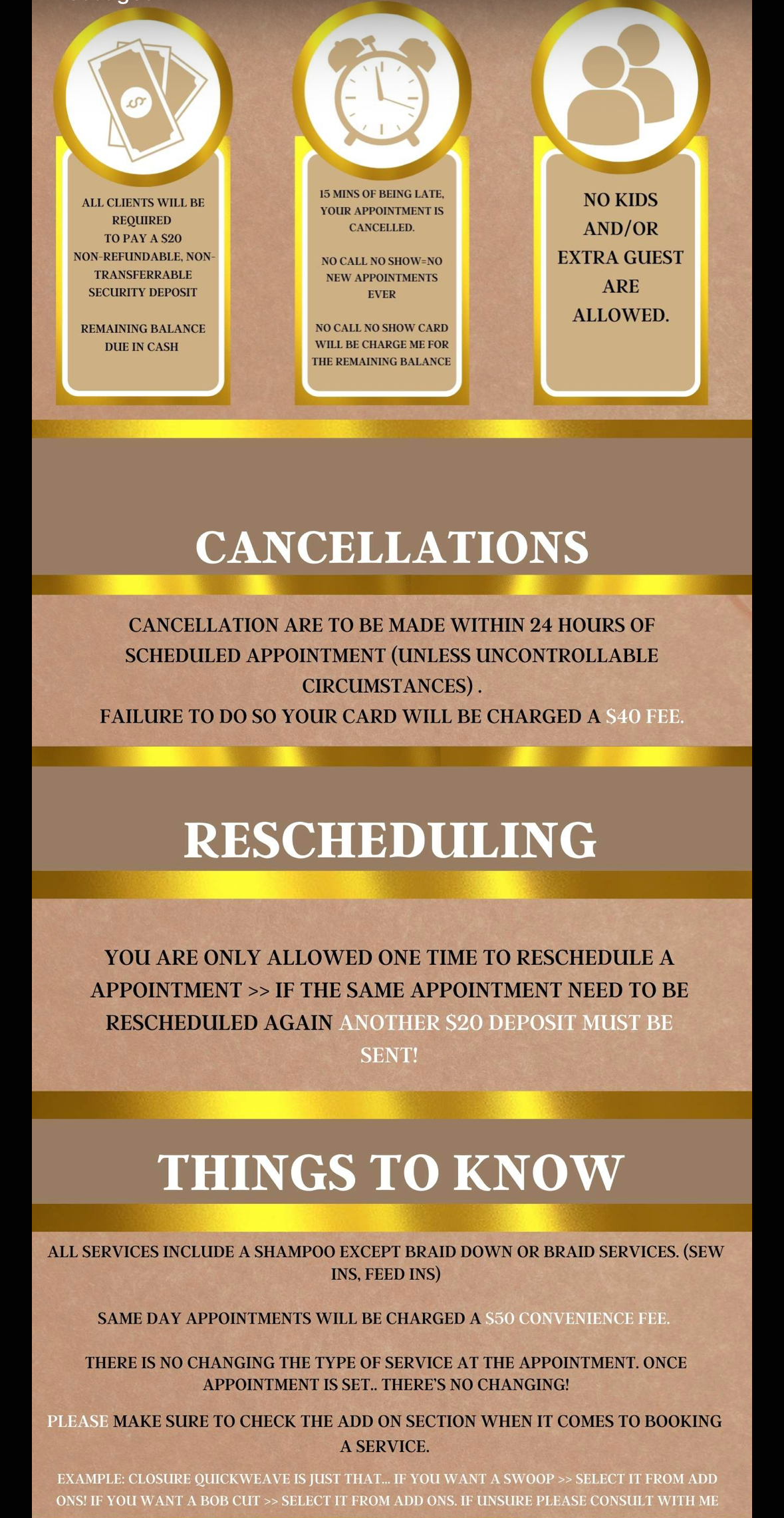 Beige poster with three icons and sections titled Cancellations, Rescheduling, and Things to Know.