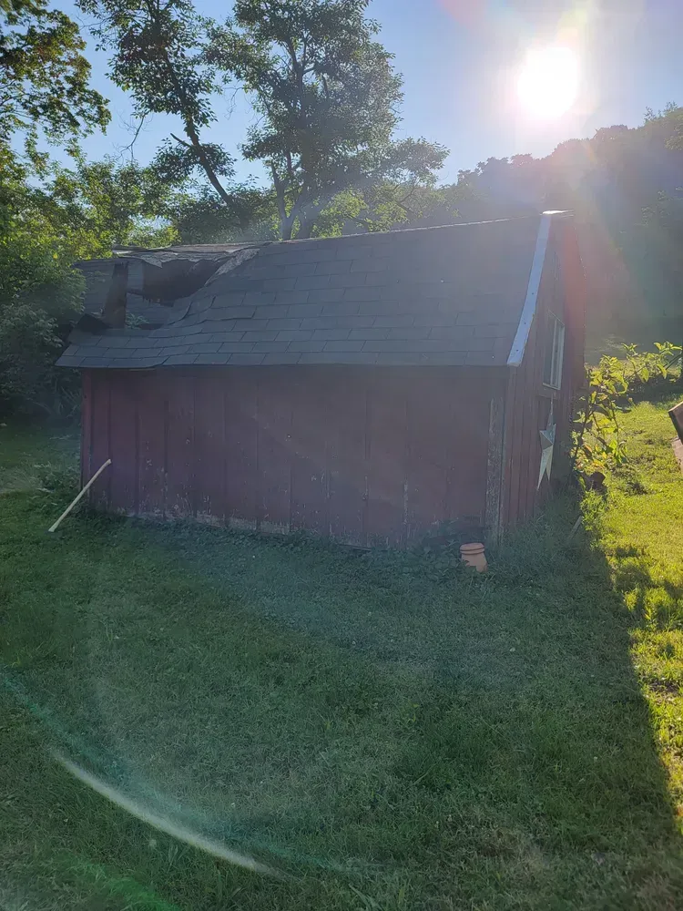 A red barn with a black roof is sitting in the middle of a grassy field.