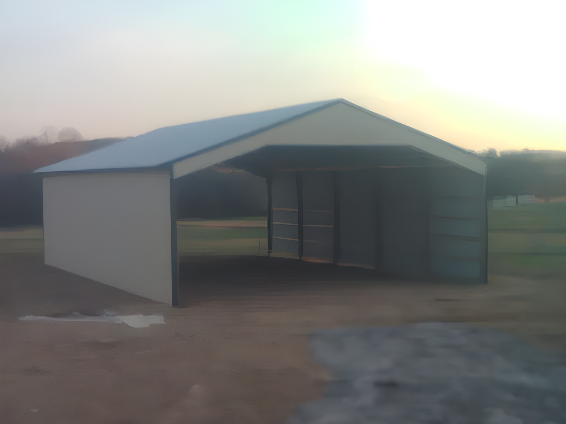 A white shed is sitting in the middle of a dirt field.