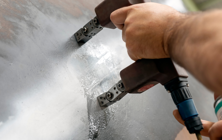 A person is using a magnetic tool on a piece of metal.