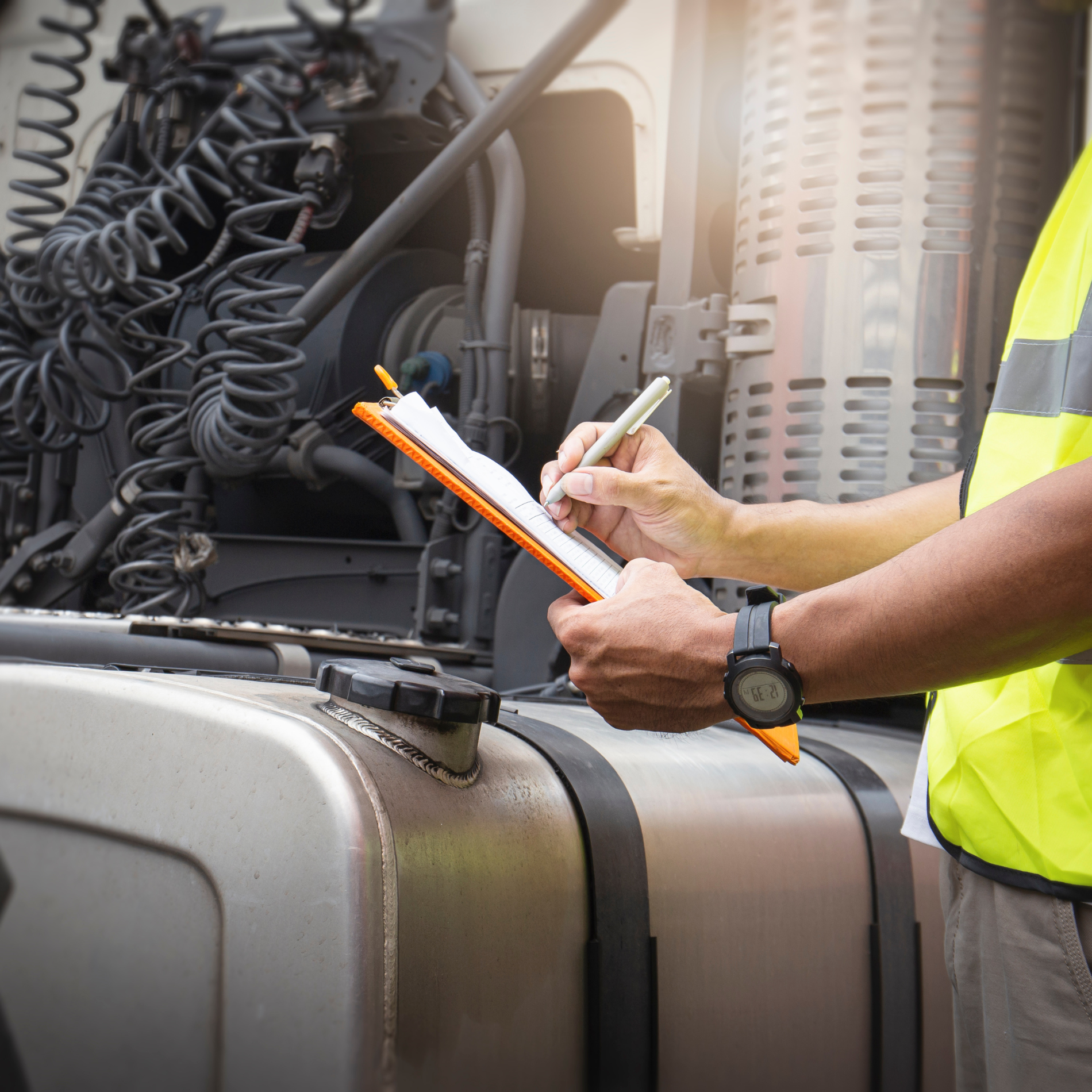 A man in a yellow vest is writing on a clipboard in front of a truck.