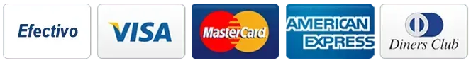 Logotipos de métodos de pago: Efectivo, Visa, MasterCard, American Express y Diners Club.