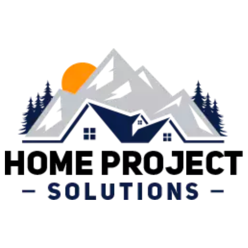 Logo for Home Project Solutions featuring stylized gray mountains, an orange sun, dark blue pine trees, and a house icon.
