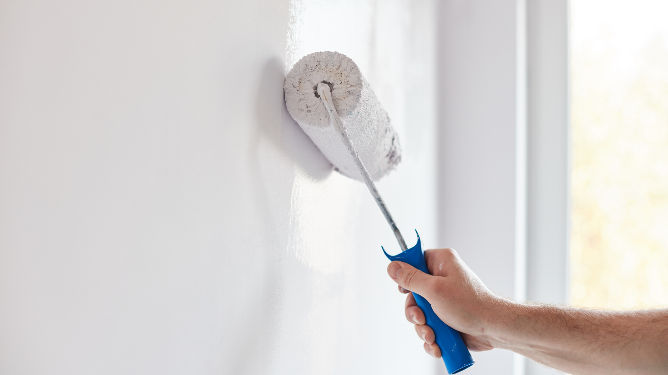 A hand holds a blue-handled paint roller applying white paint to a wall.
